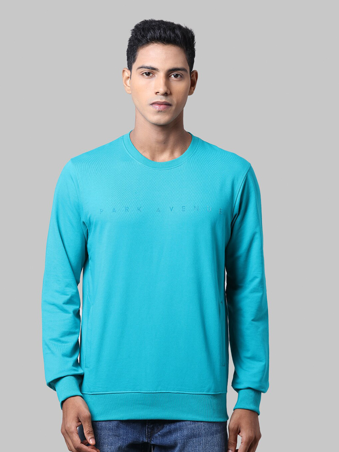 

Park Avenue Men Blue Solid Round Neck Cotton Sweatshirt