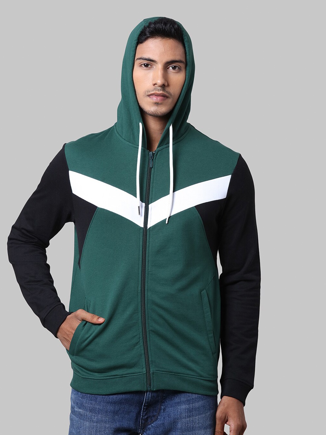 

Park Avenue Men Green Colourblocked Cotton Hooded Sweatshirt