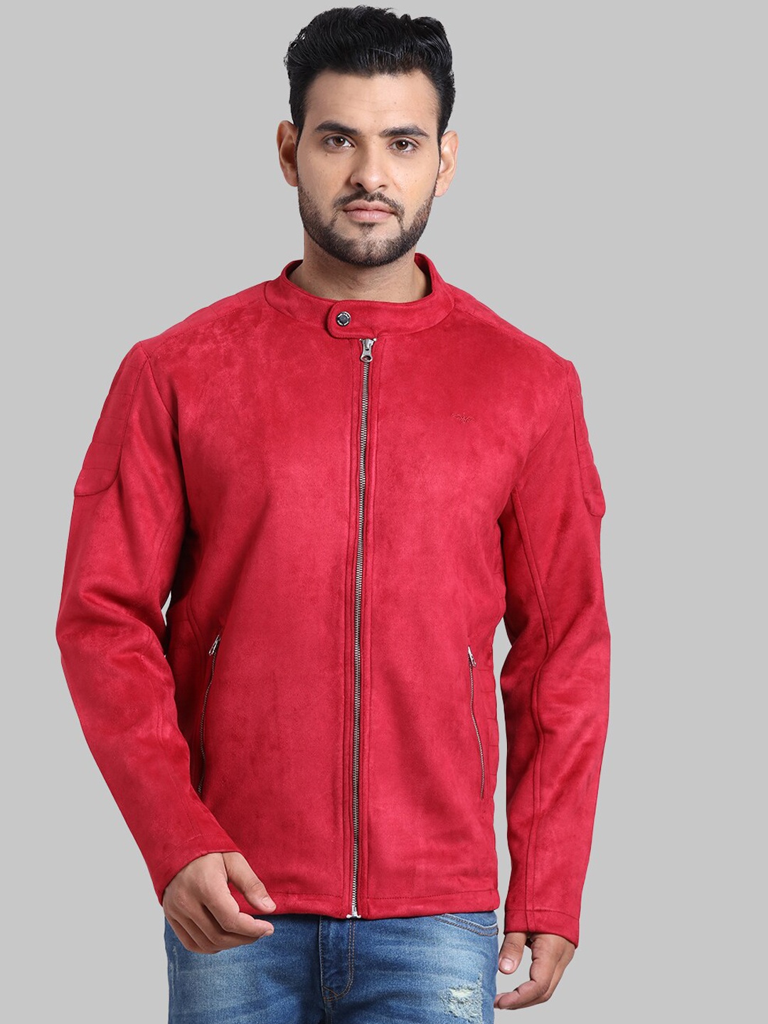 

Park Avenue Men Red Mandarin Collar Biker Jacket