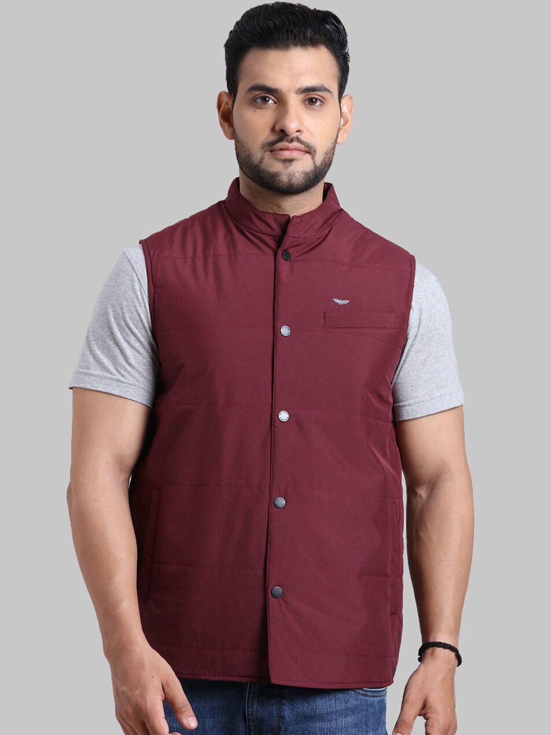 

Park Avenue Men Maroon Longline Stand Collar Padded Jacket