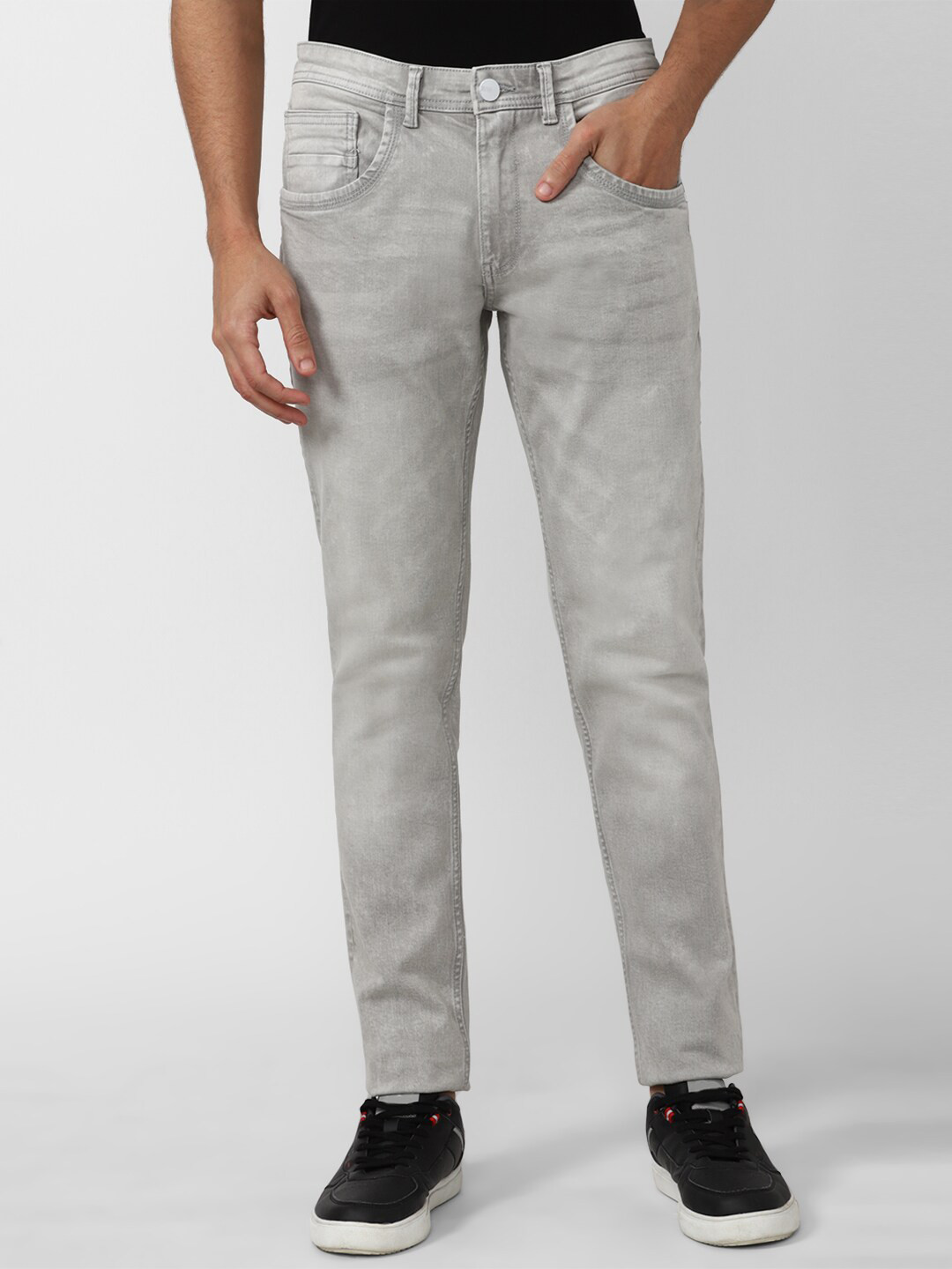 

V Dot Men Grey Skinny Fit Low Distress Heavy Fade Cotton Jeans