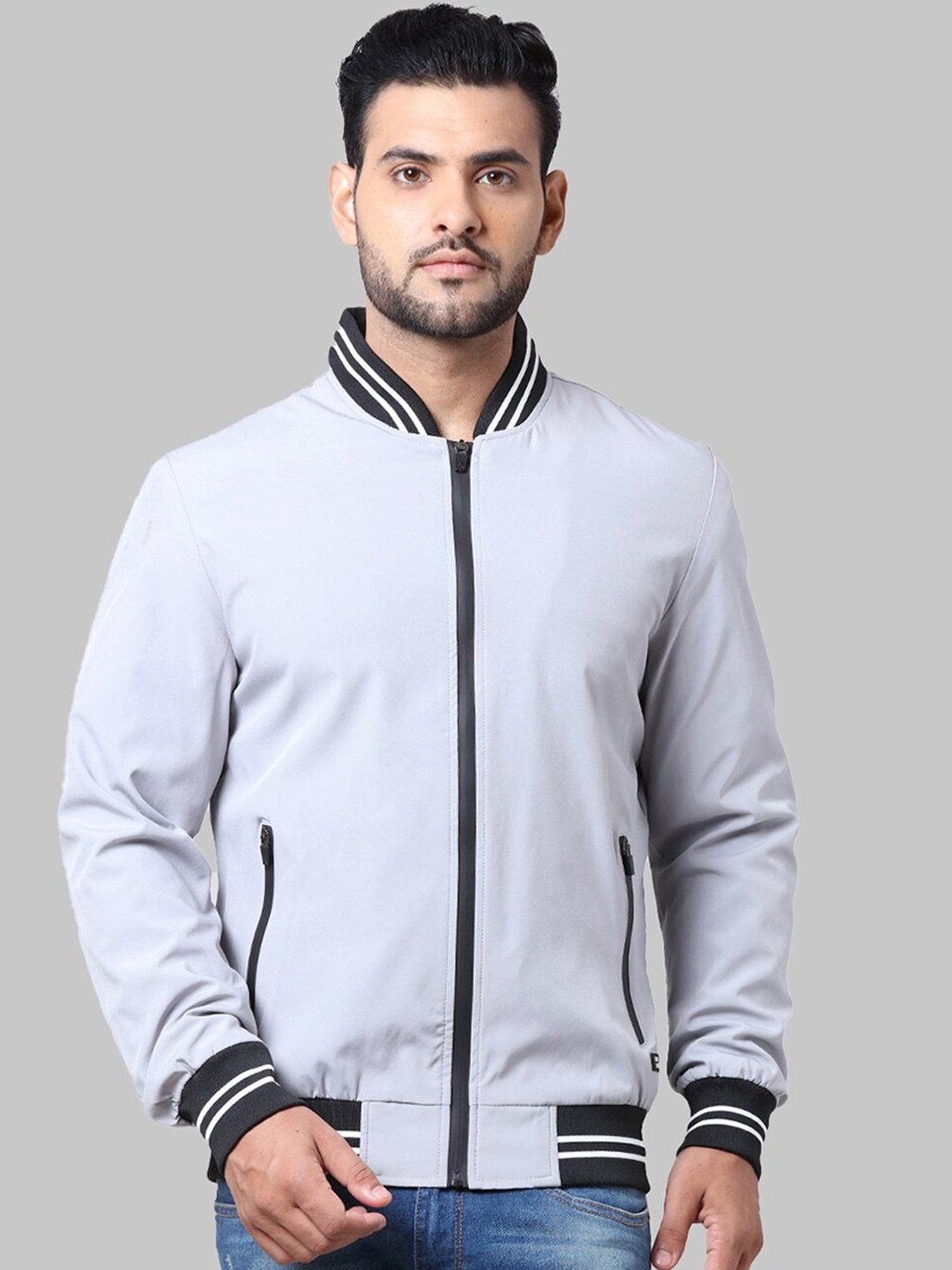 

Parx Men Grey Black Solid Bomber Jacket