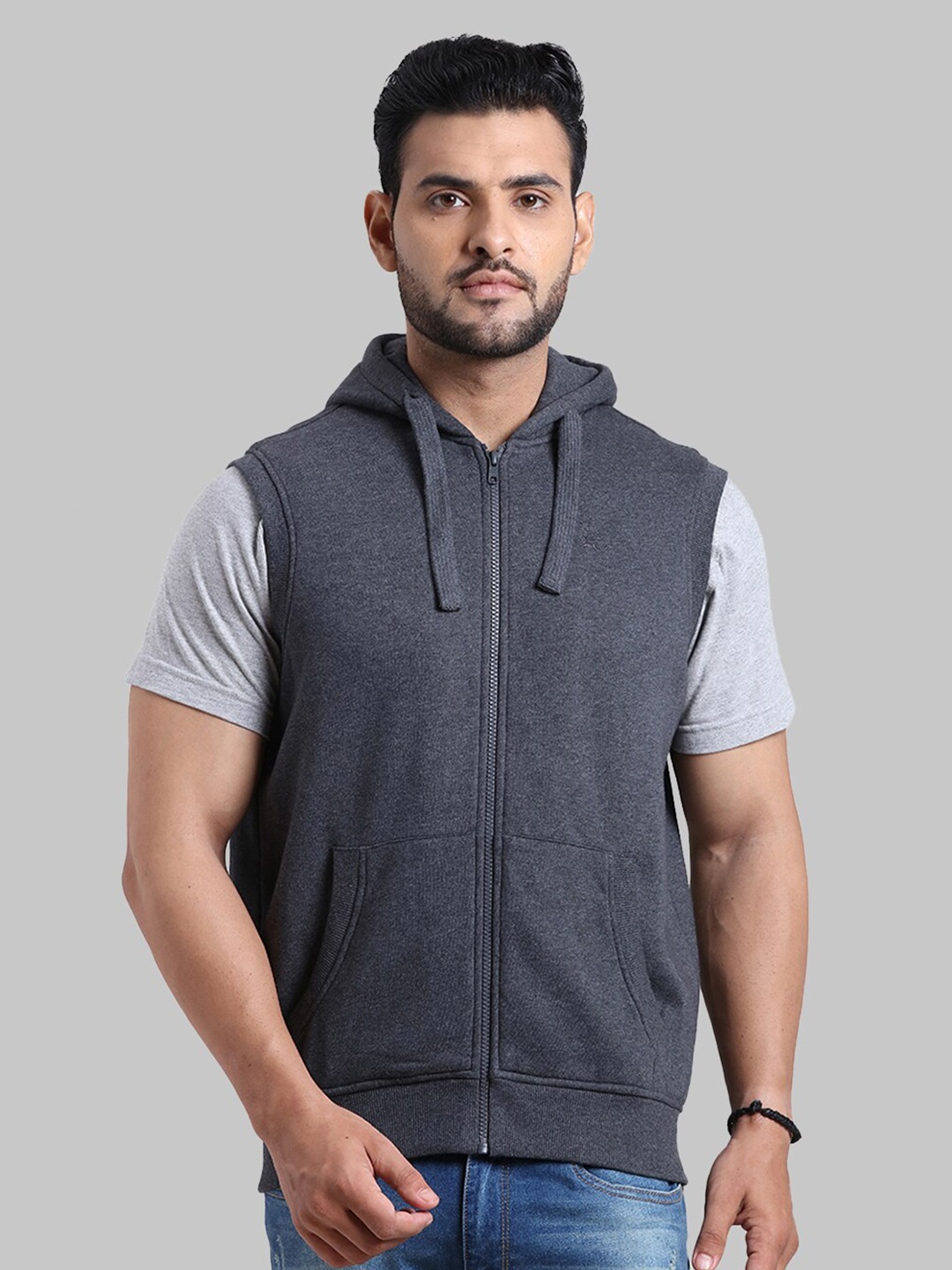 

Parx Men Dark Grey Front-Open Sleeveless Cotton Hooded Sweatshirt