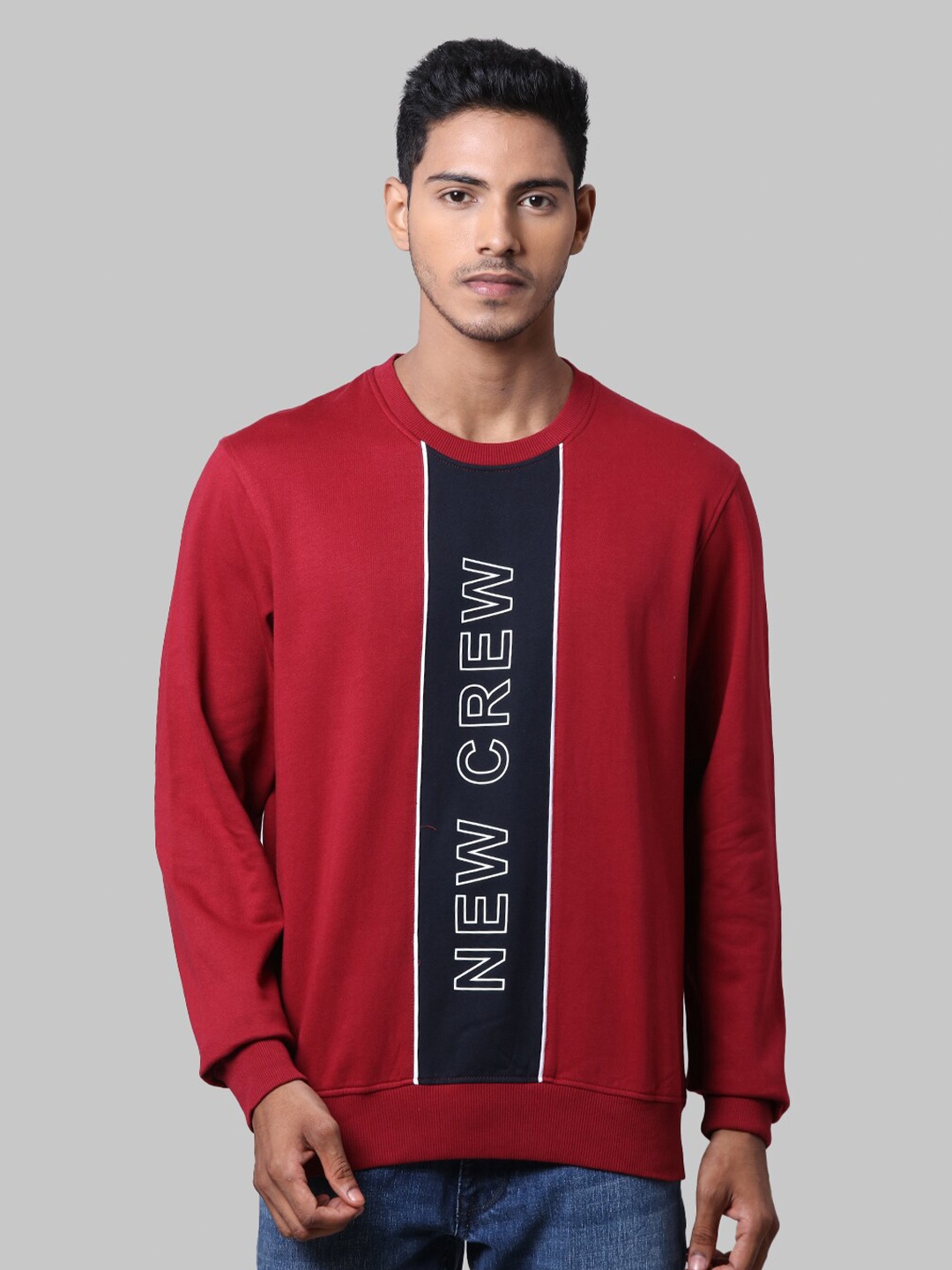 

Parx Men Dark Maroon & Navy Blue Printed Round Neck Cotton Sweatshirt
