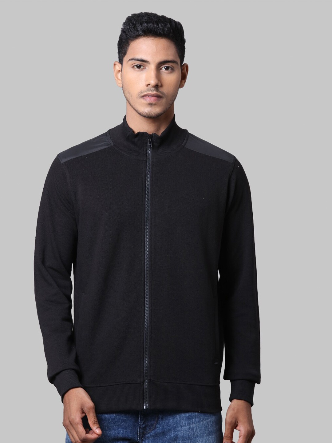 

Parx Men Black Mock Collar Front-Open Cotton Sweatshirt