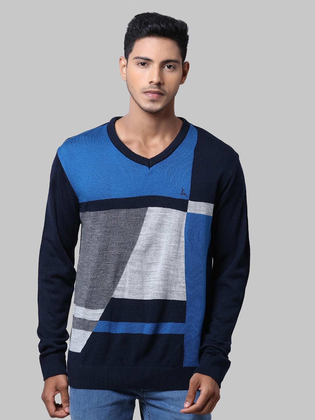 

Parx Men Blue & Grey Colourblocked Pullover