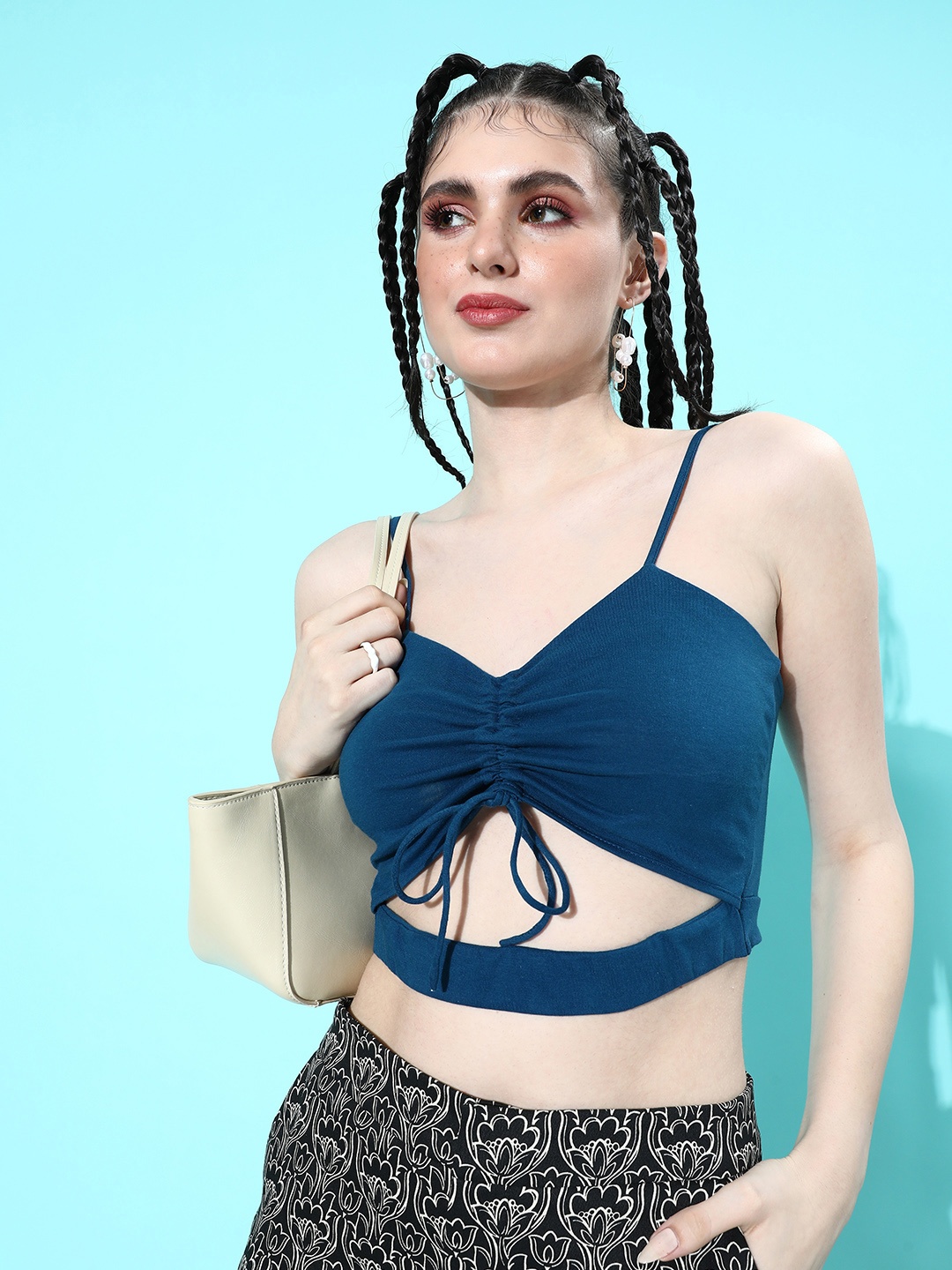 

4WRD by Dressberry Pure Cotton Solid Crop Top With Cut-Out Detail, Teal