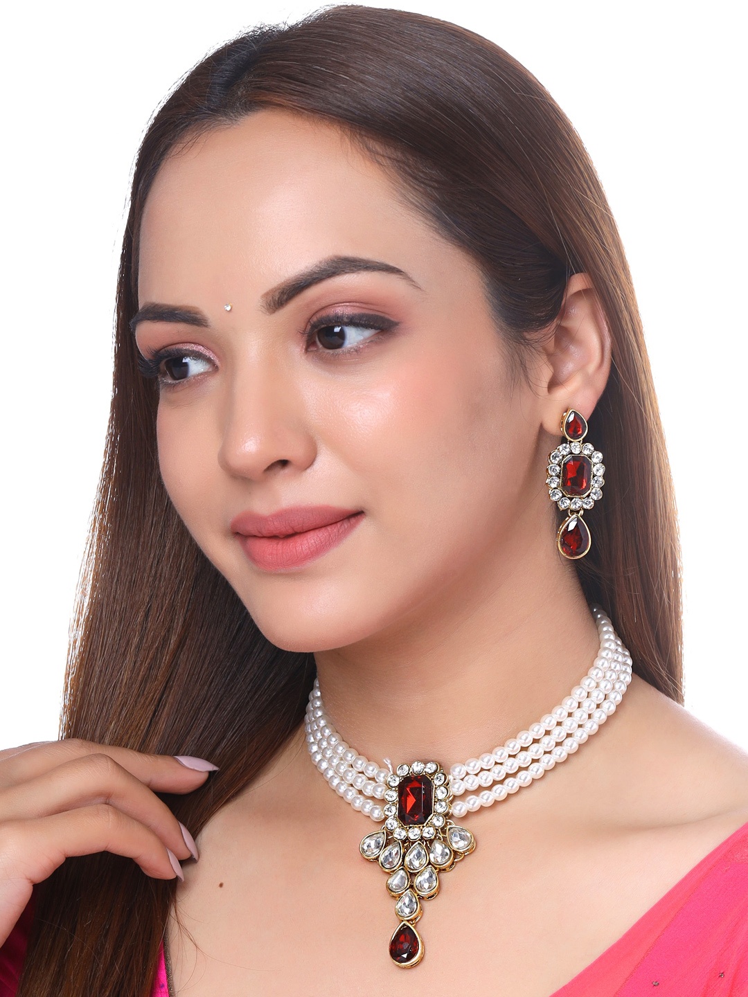 

Yellow Chimes Women White & Red Gold-Plated Pearls Stone Studded Jewellery Set