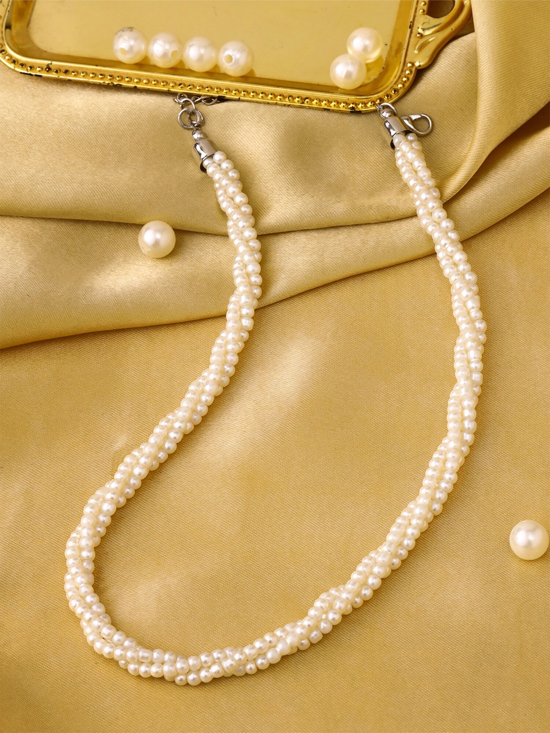 

Yellow Chimes White & Silver-Toned Twisted Pearl Beaded Necklace