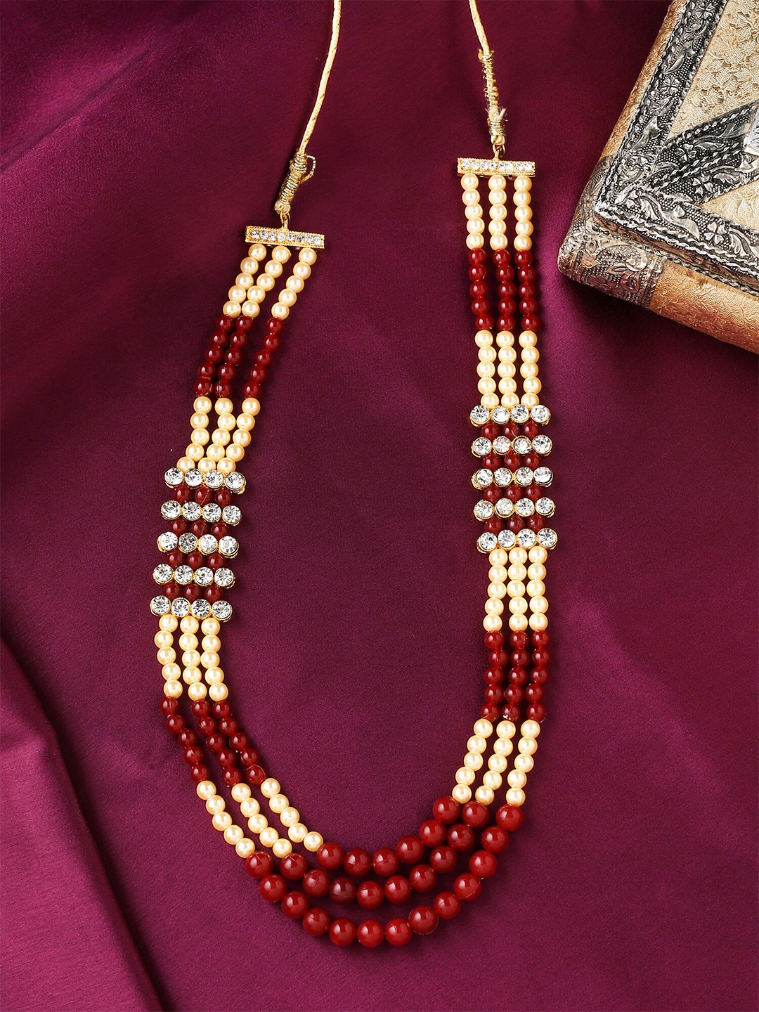 

Yellow Chimes Men Red White Beads Multi Layer Dulha mala Necklace