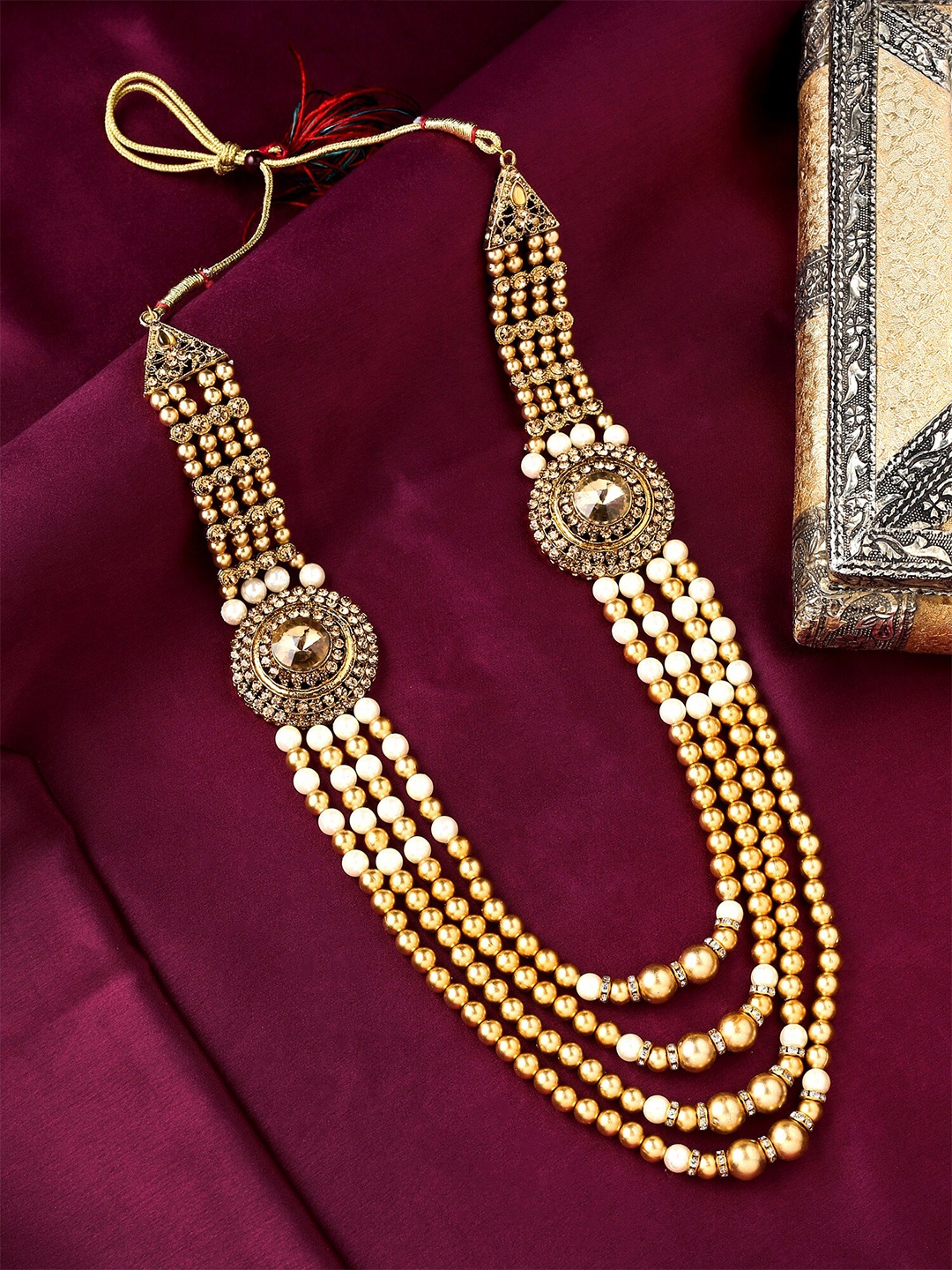 

Yellow Chimes Men Gold White Beads Multi Layer Dulha mala Necklace