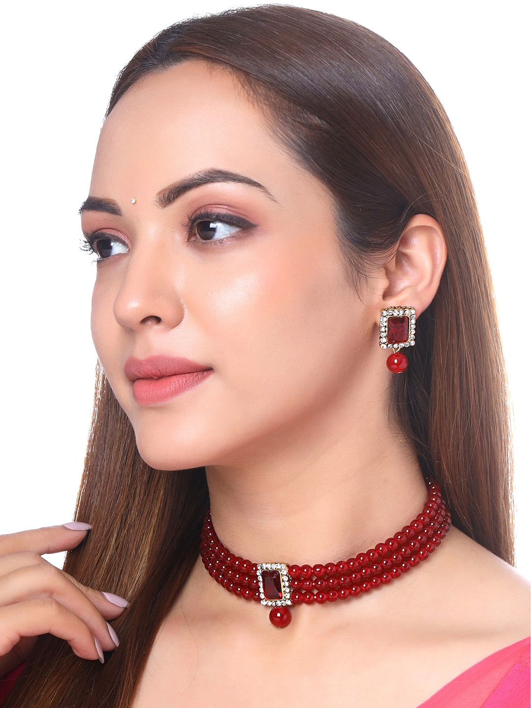 

Yellow Chimes Gold plated Red beads Jewellery set