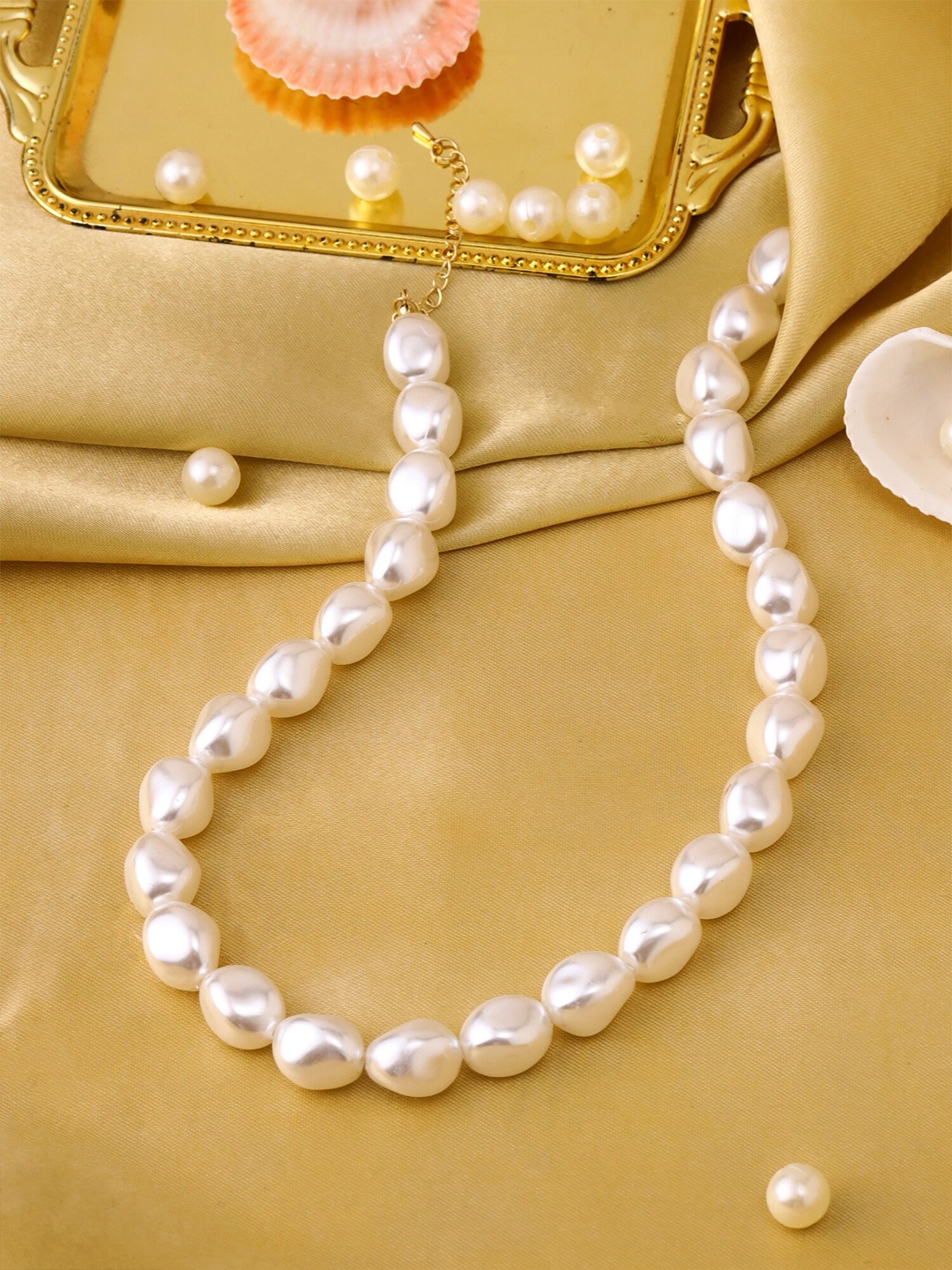 

Yellow Chimes White & Gold-Toned Pearl Beaded Statement Necklace