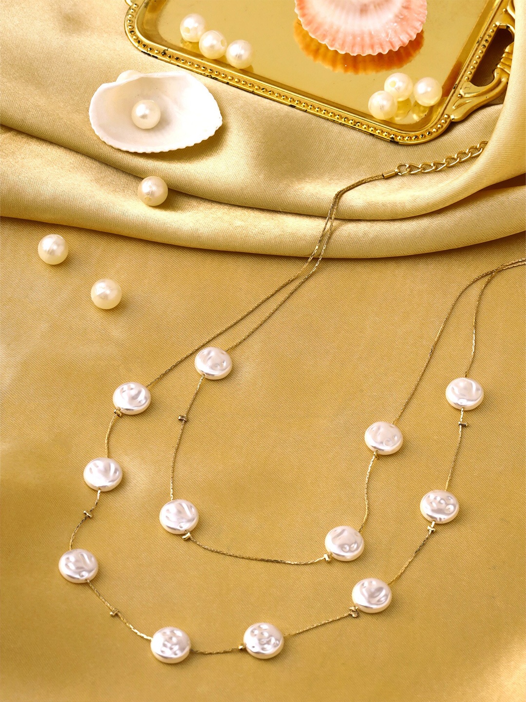 

Yellow Chimes Gold Tone Layered Pearl Bead Studded Dainty Necklace, White