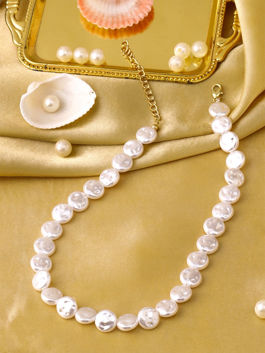 

Yellow Chimes White & Gold-Toned Pearls & Beads Studded Dainty Necklace