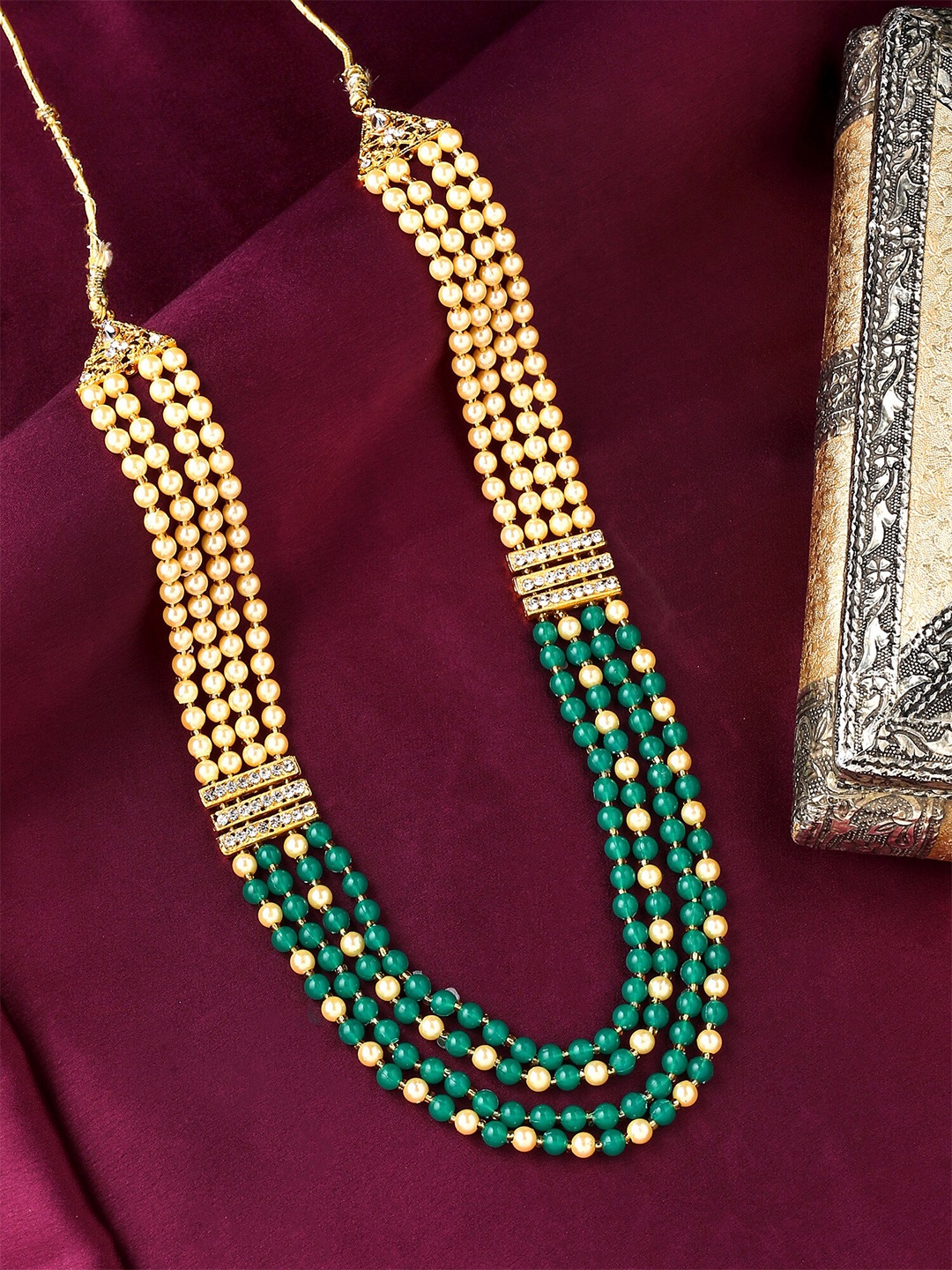 

Yellow Chimes Men Green & Off White Beaded Multi Layered Dulha Mala Necklace