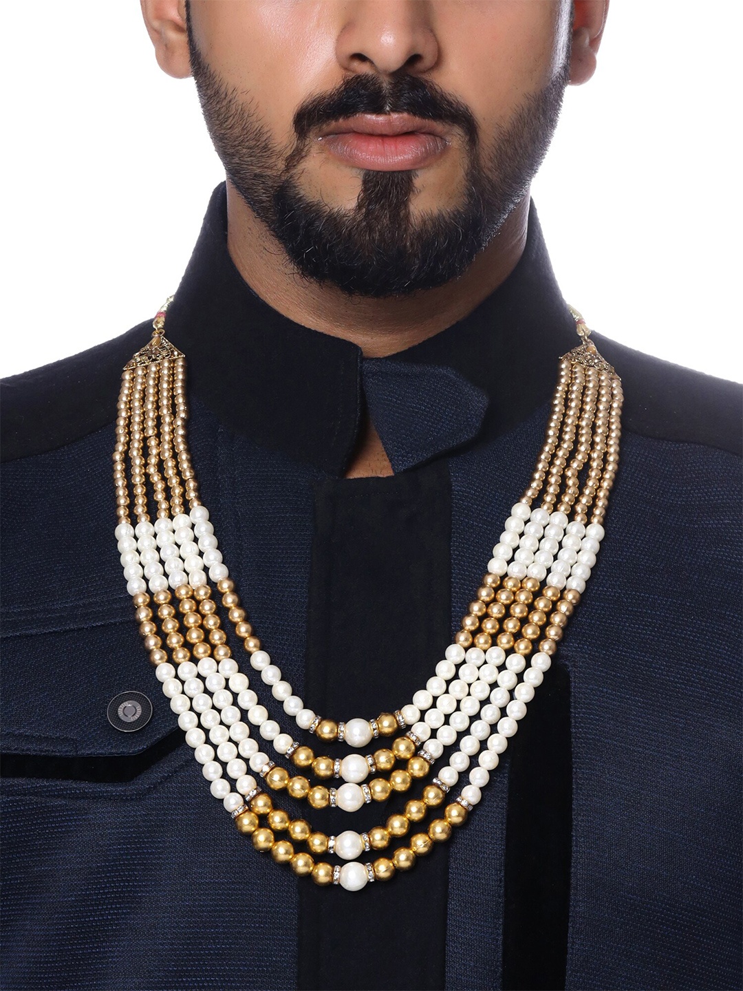 

Yellow Chimes Men White & Gold-Toned Beaded Multi Layered Dulha Mala Necklace