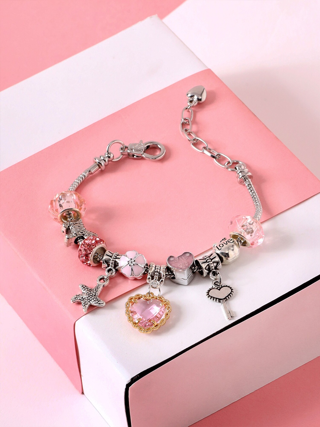 

Yellow Chimes Women Silver Tone With Different Charms Hanging Bracelet, Pink