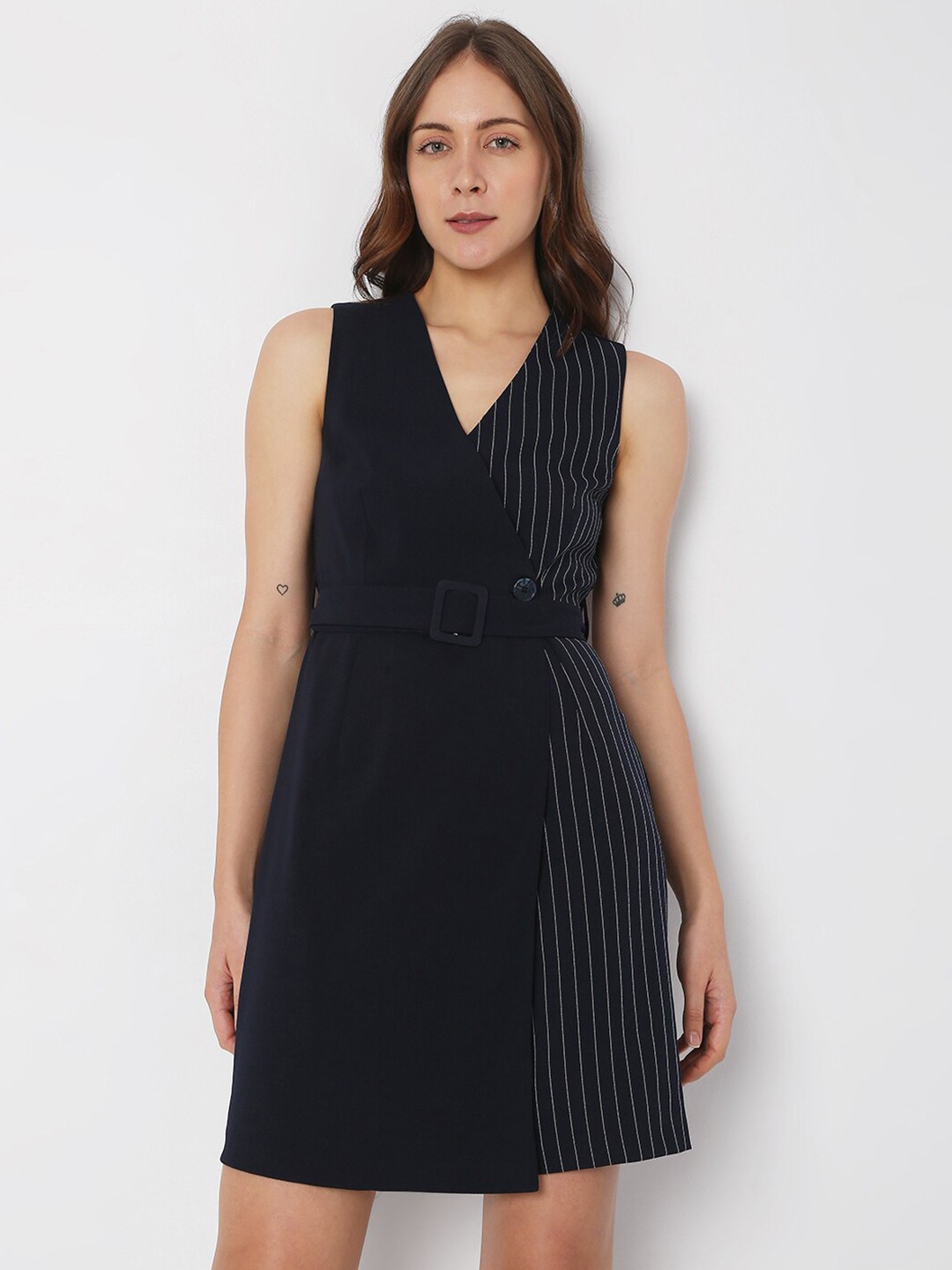 

Vero Moda Women Navy Blue Striped V-Neck Wrap Mini Dress