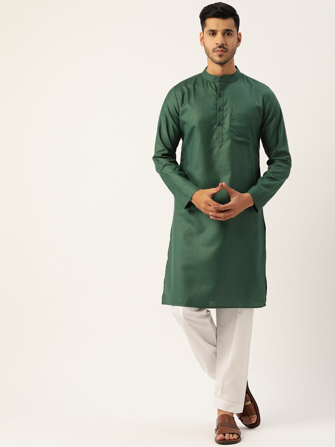 

Molly & Michel Men Green Solid Straight Fit Cotton Kurta