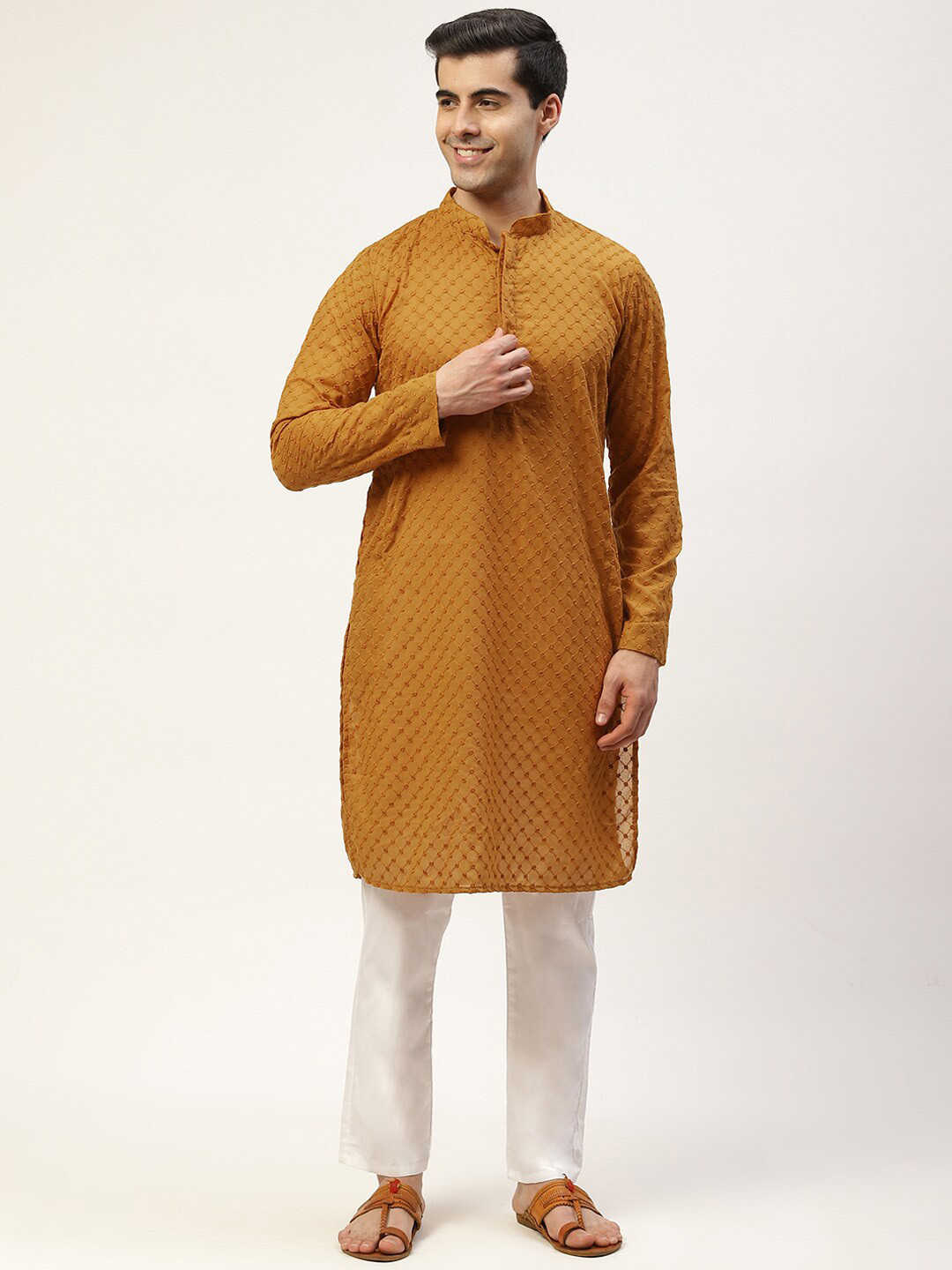 

Molly & Michel Men Brown Geometric Woven Design Straight Fit Cotton Kurta