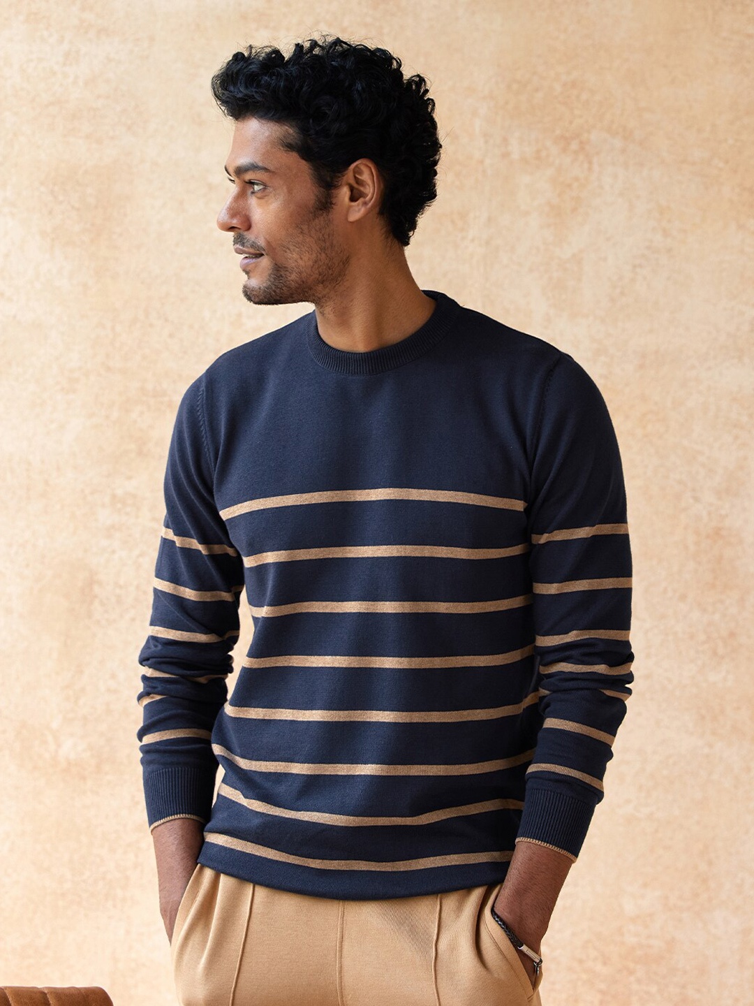 

Andamen Men Navy Blue & Beige Striped Striped Pullover