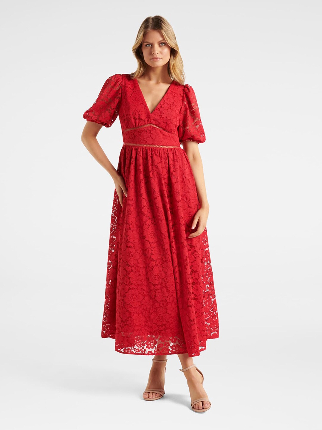 

Forever New Women Red Self Design V Neck Fit and Flare Dress