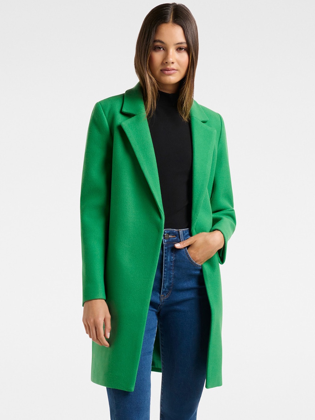 

Forever New Women Green Solid Winter Overcoat