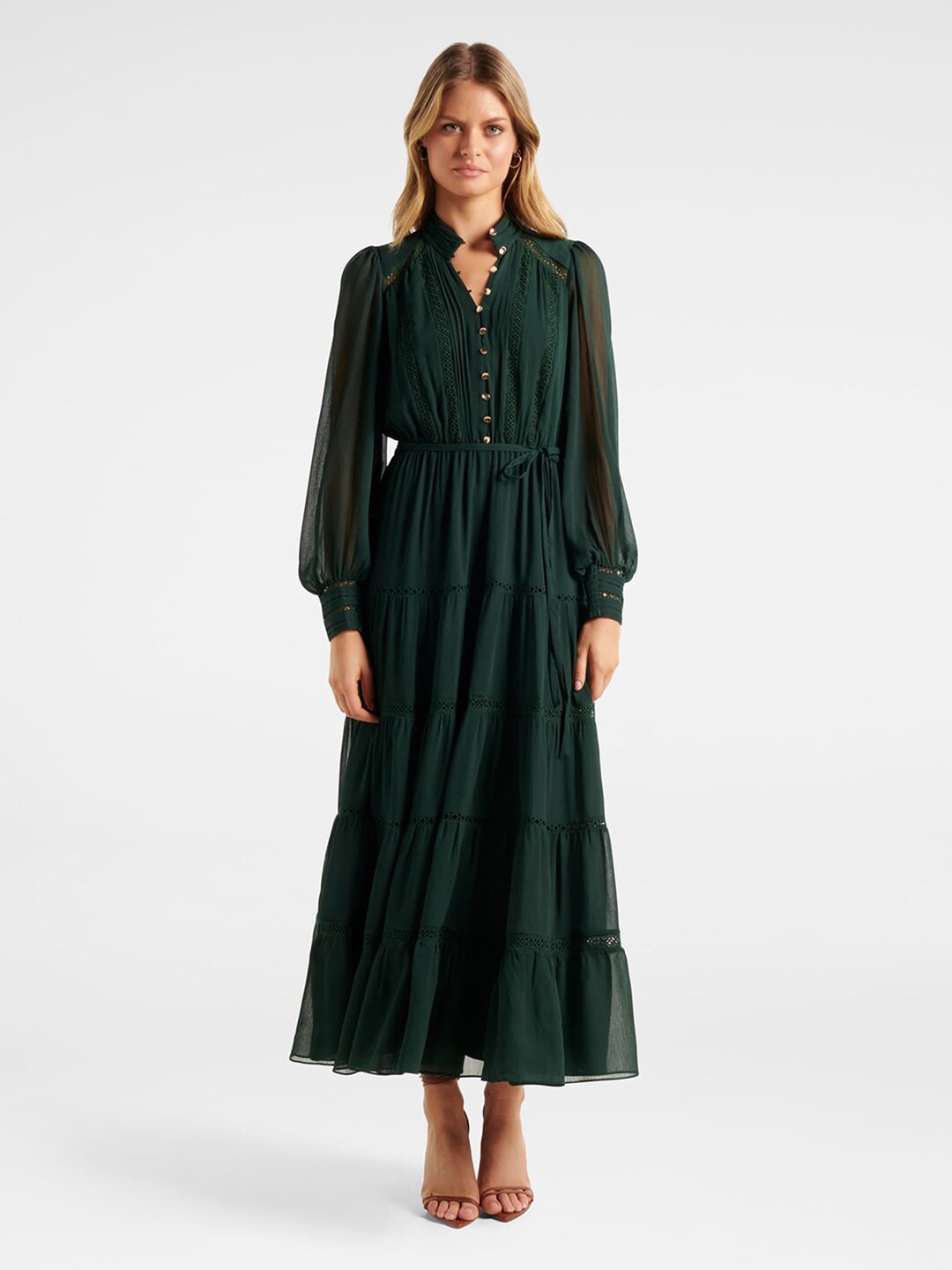 

Forever New Women Green Self Design Layered Maxi Dress