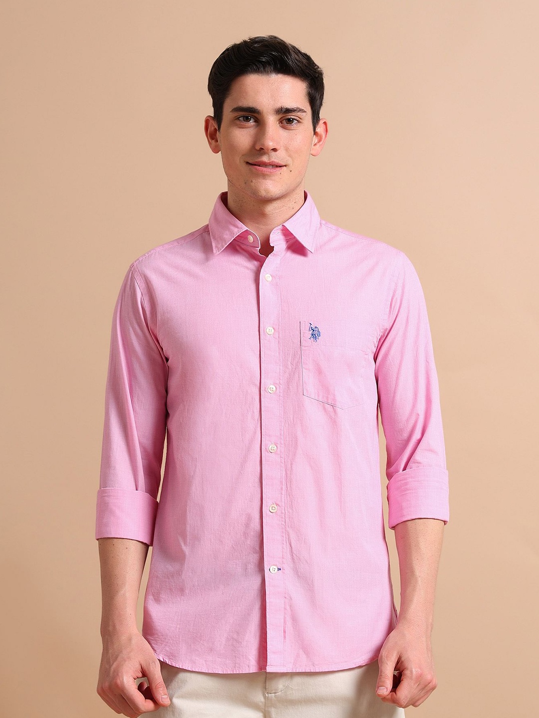 

U S Polo Assn Men Pink Cotton Textured Cotton Shirt