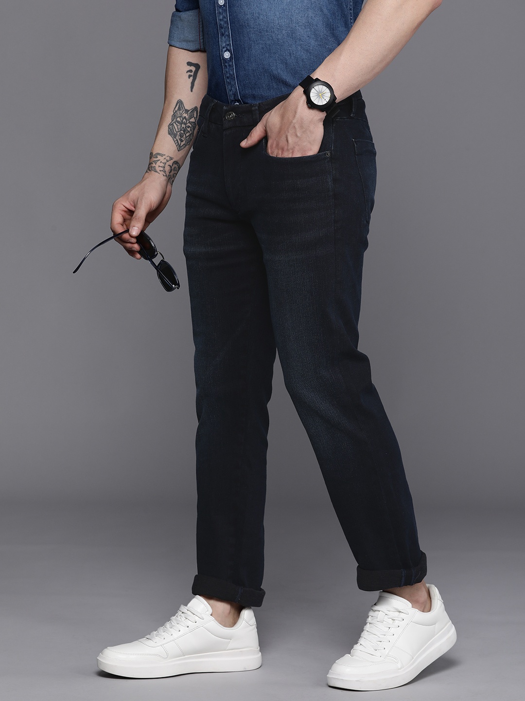 

Louis Philippe Jeans Men Dark Blue Slim Fit Low-Rise Light Fade Stretchable Jeans