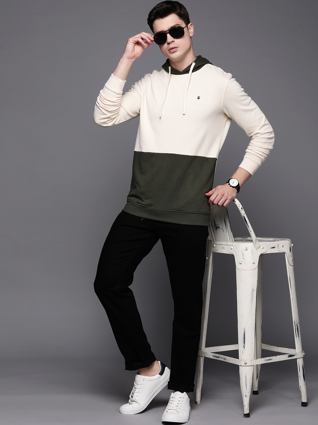 

Louis Philippe Jeans Men Pure Cotton Colourblocked Hooded Sweatshirt, Cream