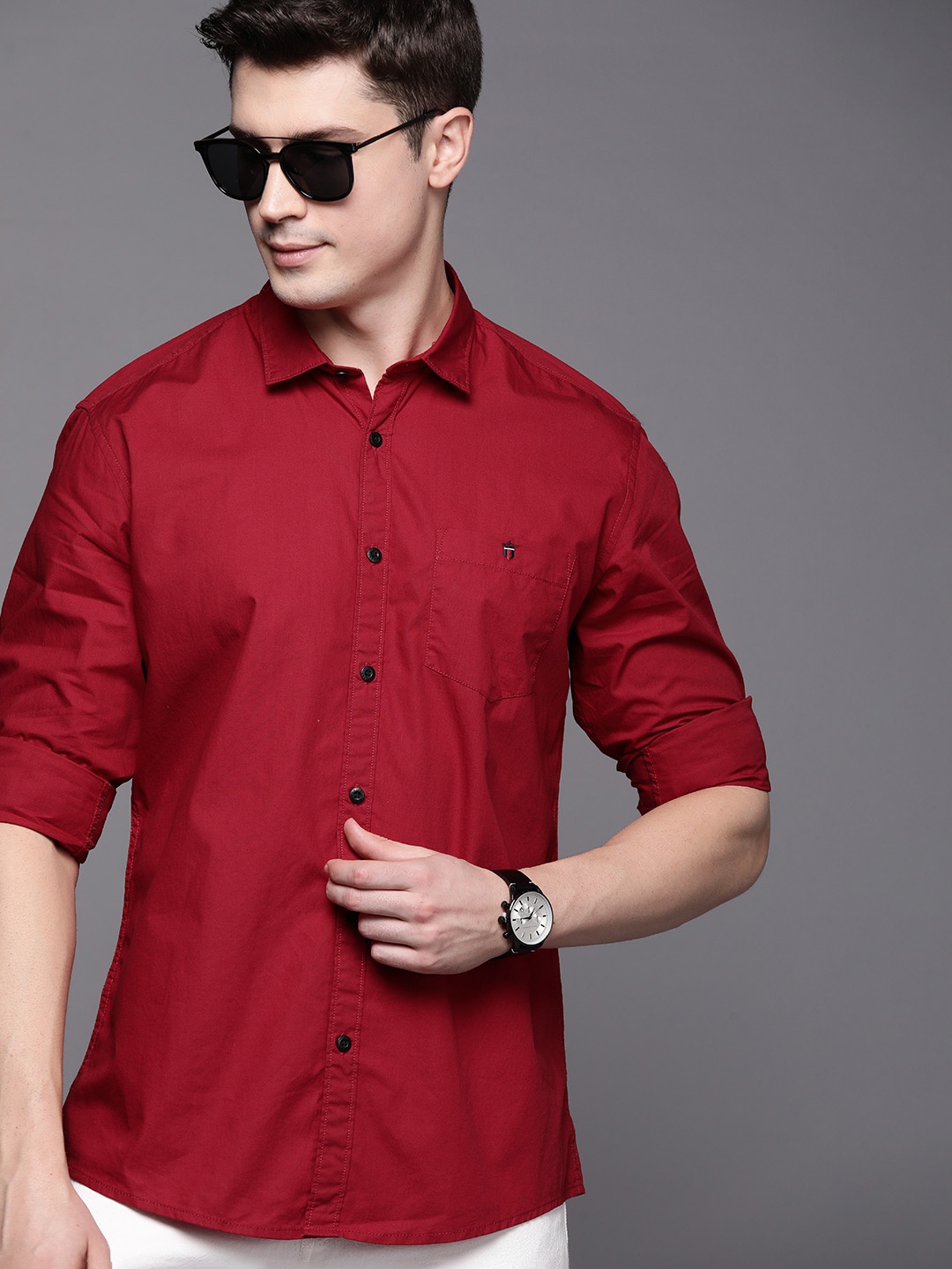 

Louis Philippe Jeans Men Solid Cotton Slim Fit Casual Shirt, Maroon