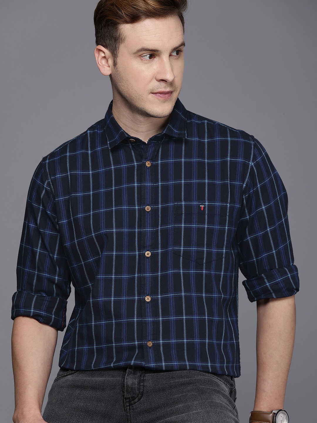 

Louis Philippe Jeans Men Pure Cotton Slim Fit Checked Casual Shirt, Navy blue
