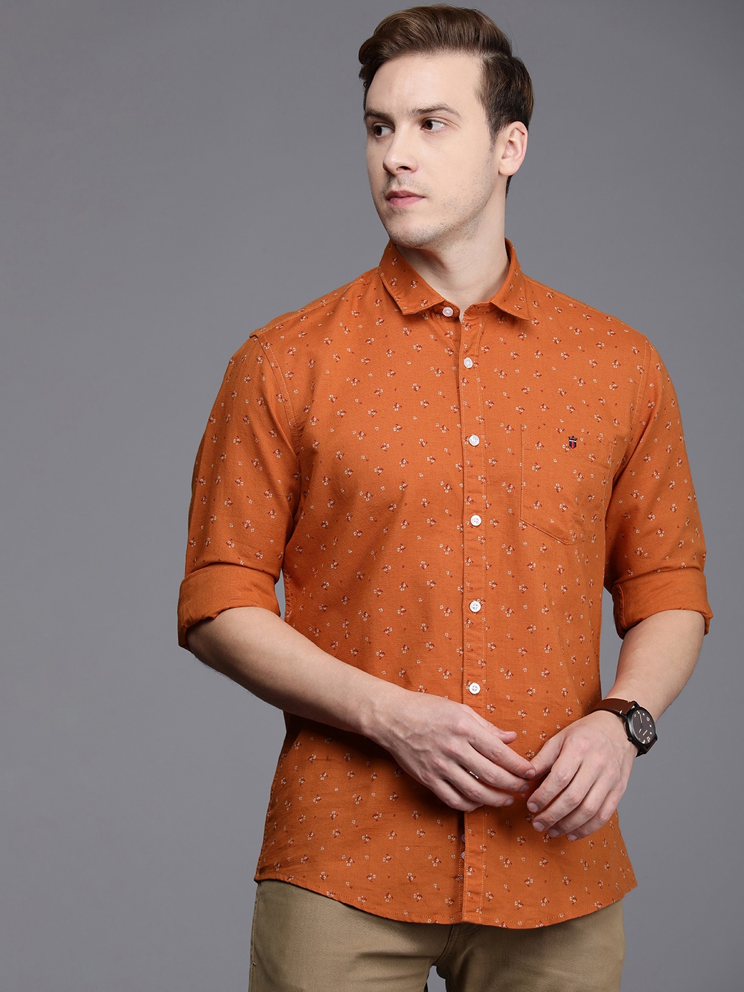 

Louis Philippe Jeans Men Rust Orange Floral Printed Slim Fit Casual Shirt