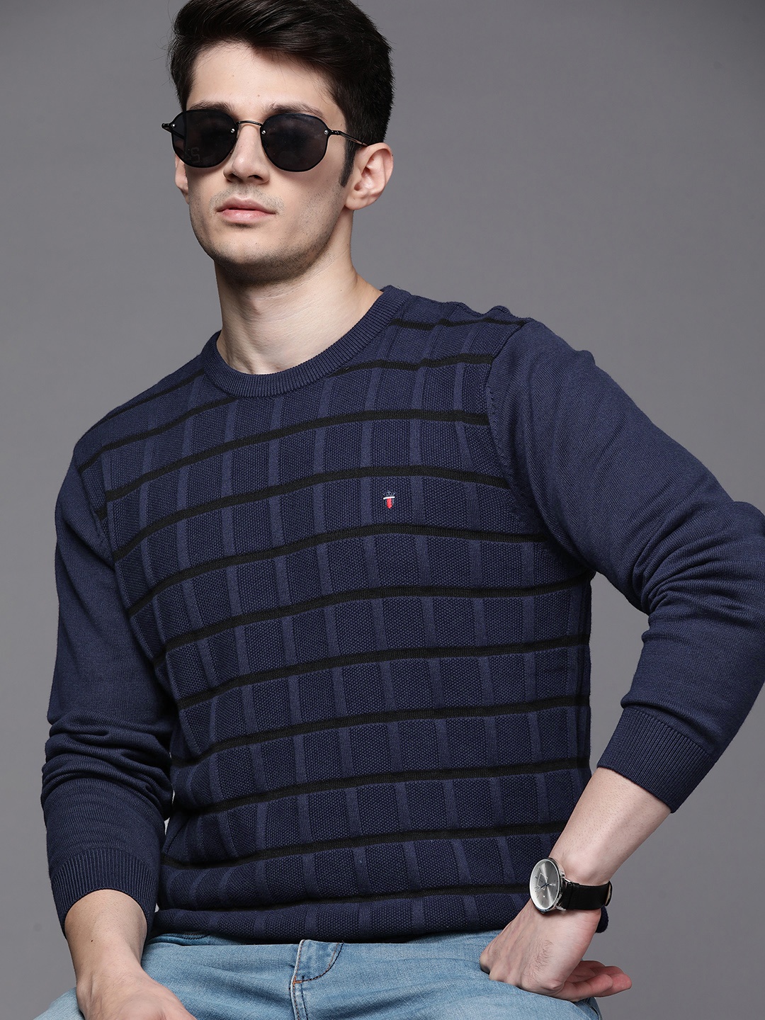 

Louis Philippe Jeans Men Navy Blue Pure Cotton Self-Checked Pullover