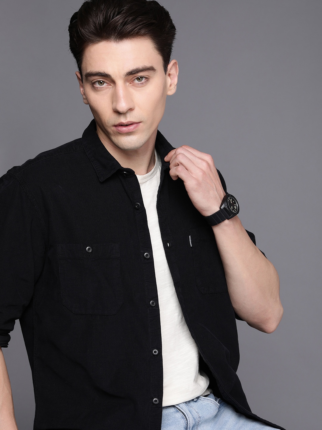 

Louis Philippe Jeans Men Slim Fit Pure Cotton Corduroy Casual Shirt, Black