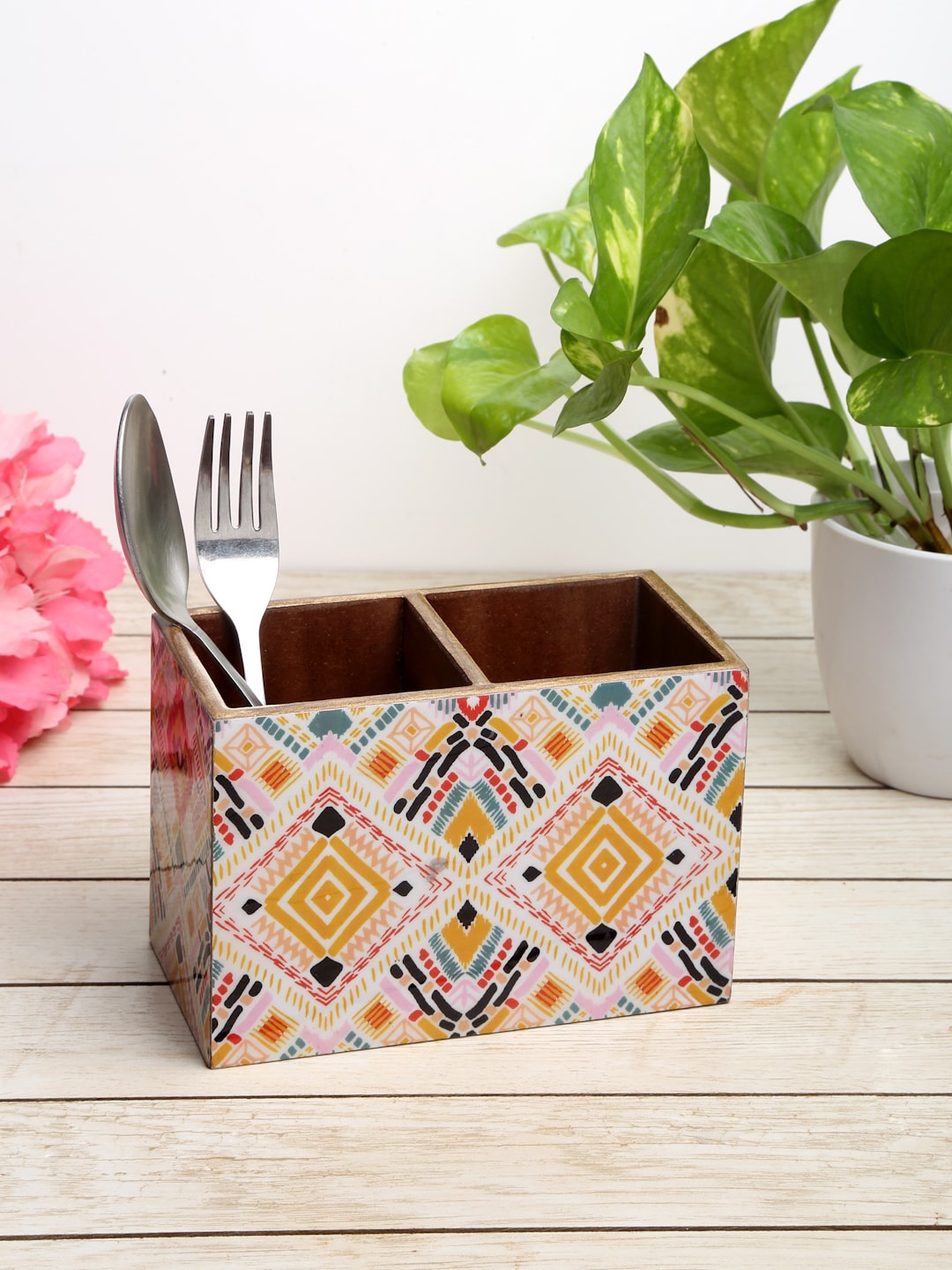 

ROMEE White & Mustard Yellow Printed Wooden Cutlery Holder