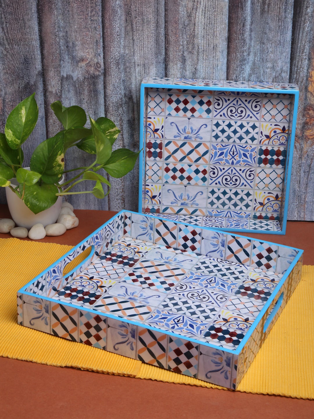 

ROMEE Set Of 2 Blue & White Printed Trays