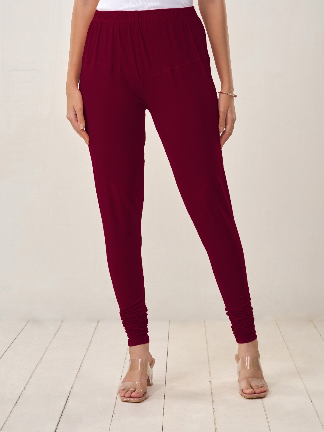 

LYRA Women Maroon Solid Churidar Length Leggings