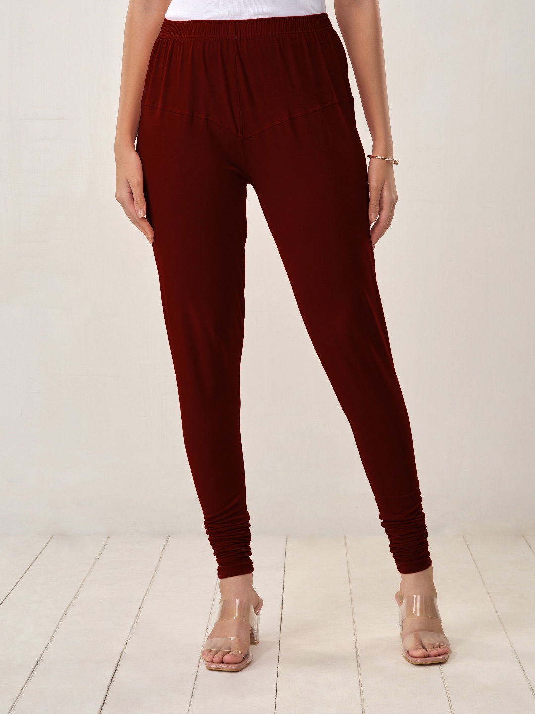 

LYRA Women Maroon Solid Churidar Length Leggings