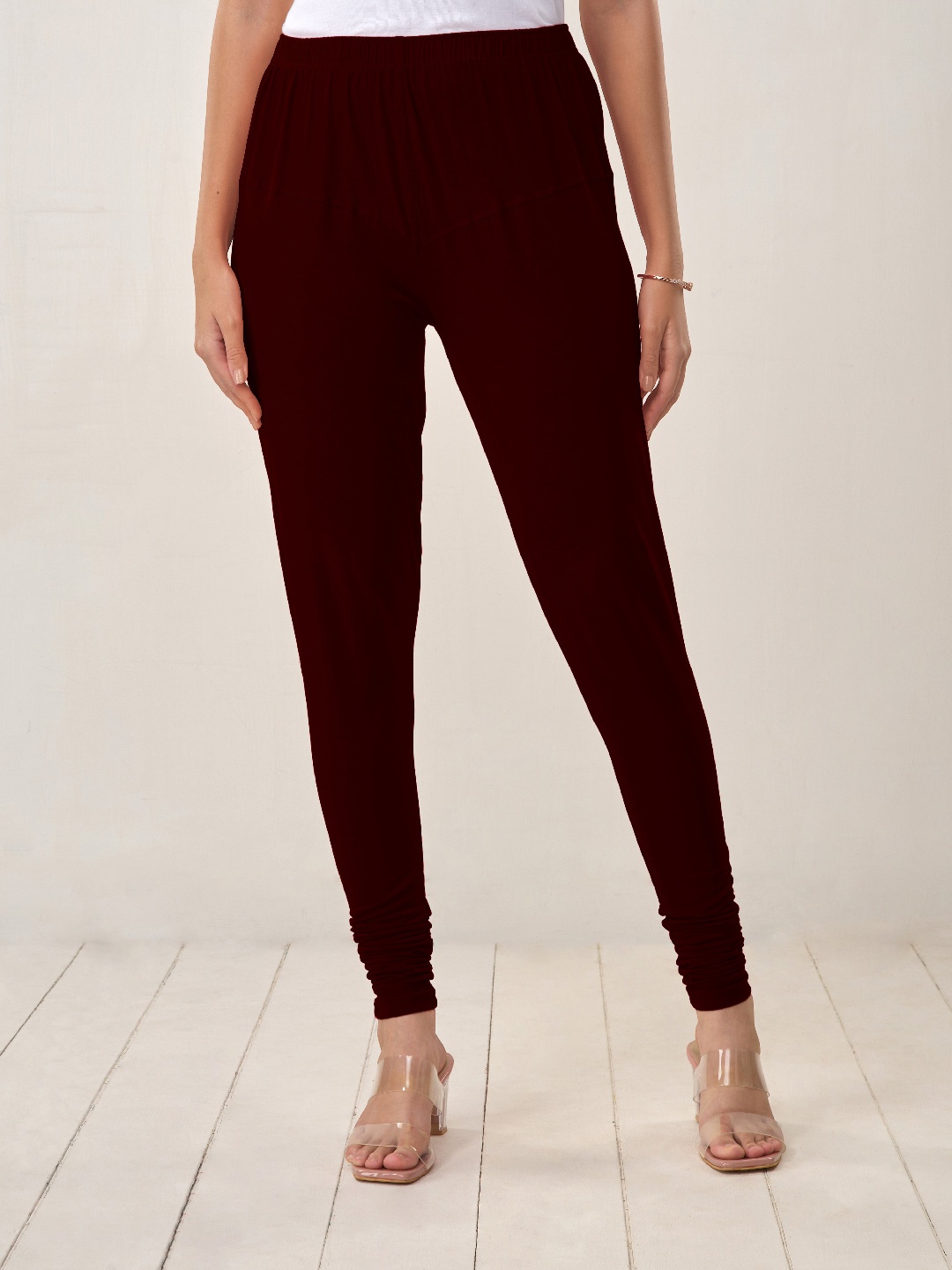 

LYRA Women Burgundy-Coloured Solid Churidar-Length Leggings