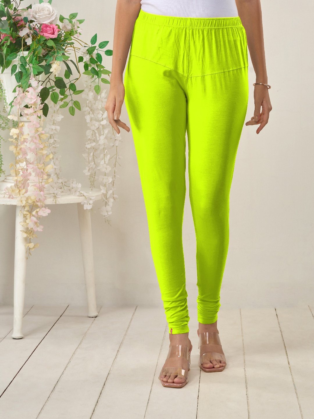 

LYRA Women Fluorescent Green Solid Churidar-Length Leggings