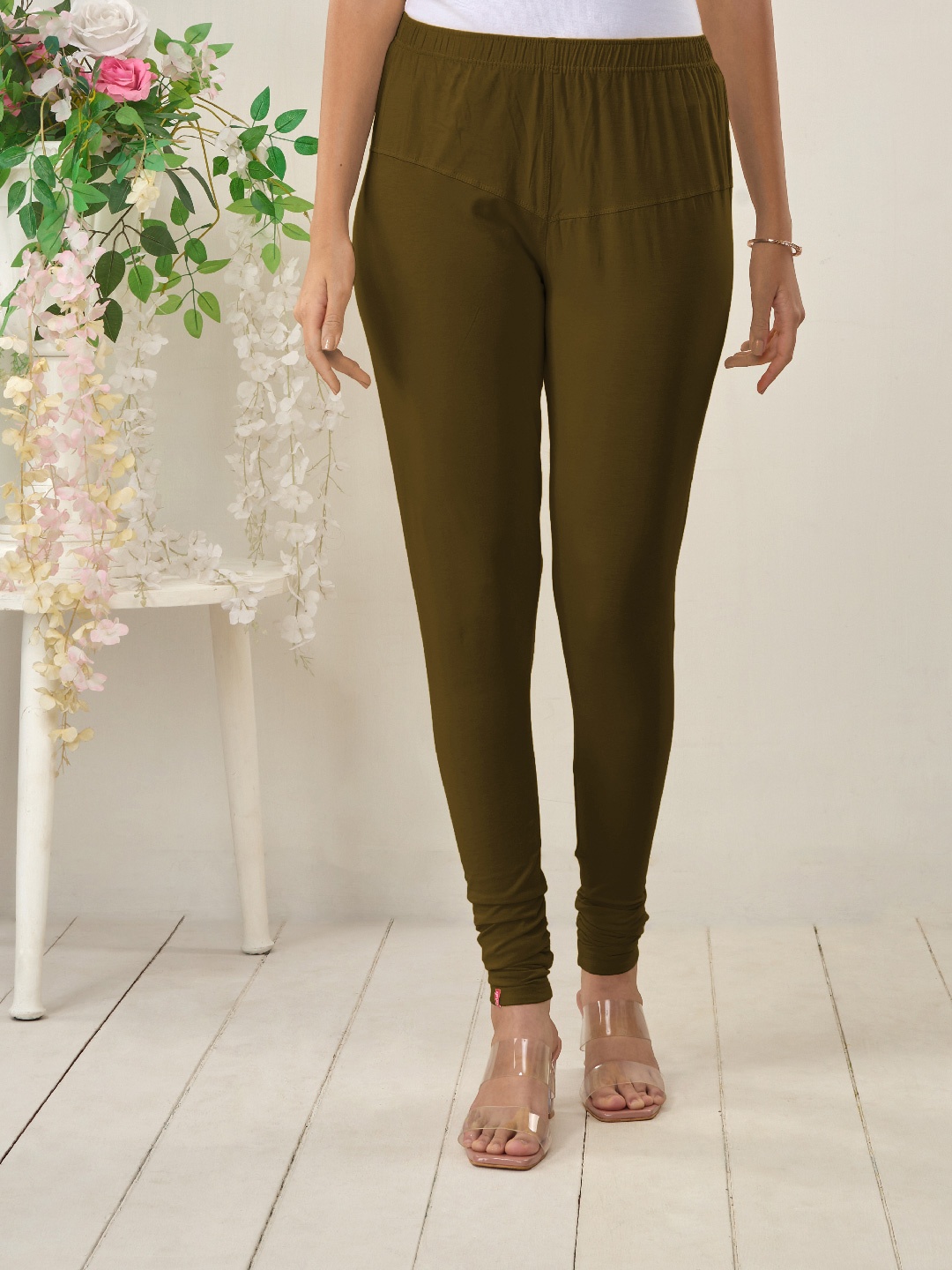 

LYRA Women Khaki Solid Churidar-Length Leggings