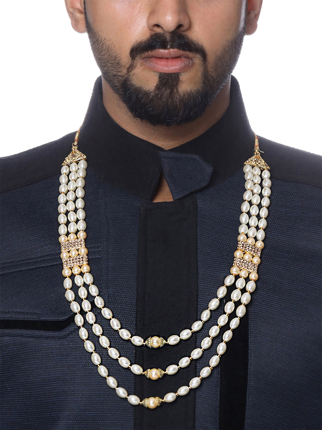 

Yellow Chimes Men White Gold-Plated Pearl Studded Multi Layered Dulha Mala Groom Necklace