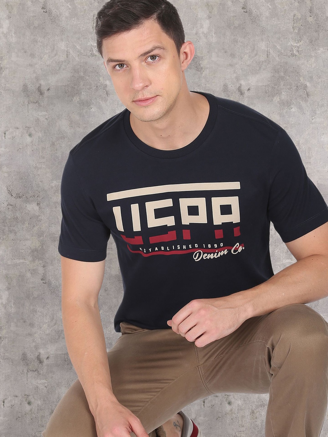 

U S Polo Assn Denim Co Men Blue Brand Print T-Shirt, Navy blue