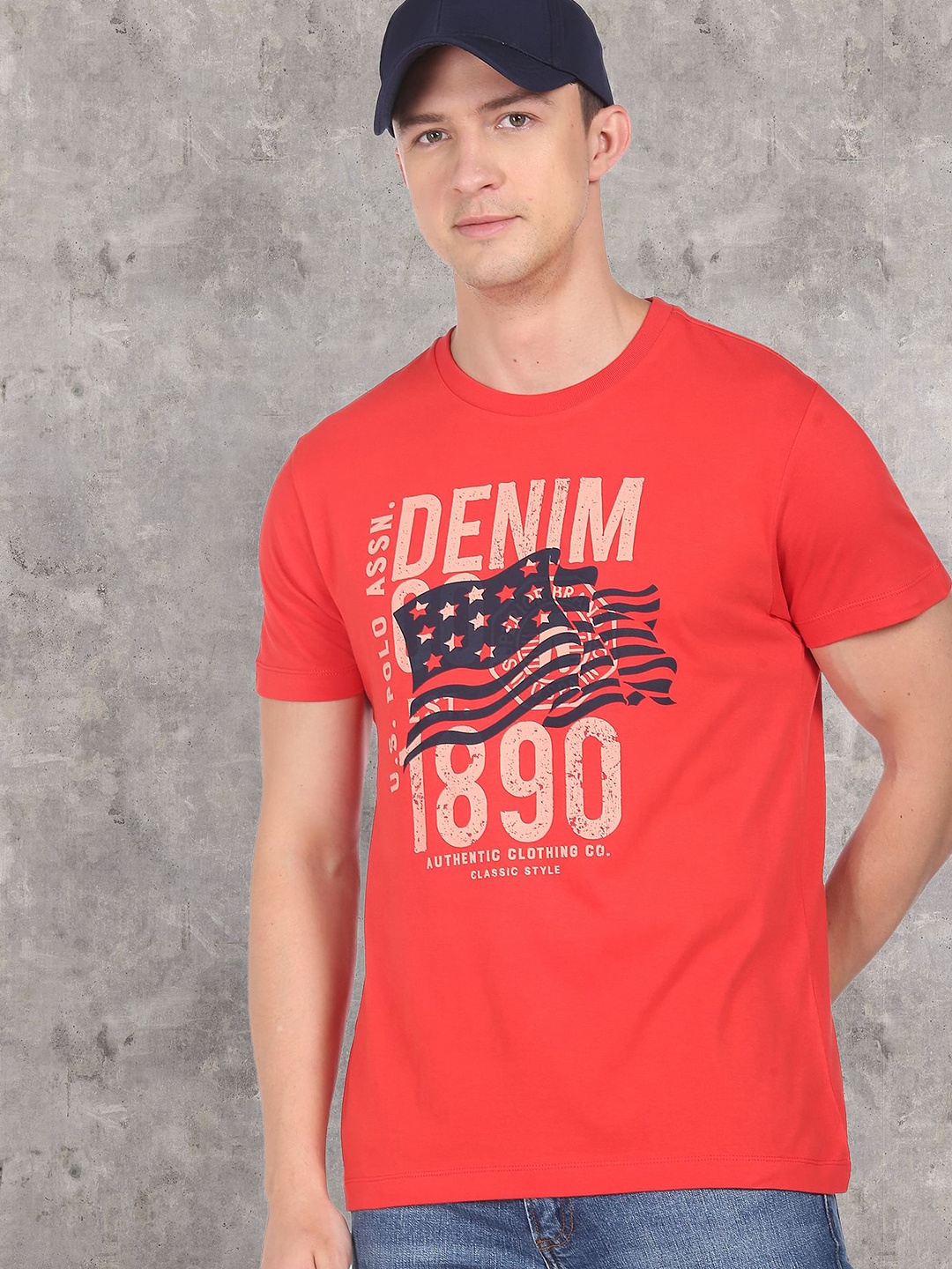 

U S Polo Assn Denim Co Men Red Iconic Flag Pure Cotton T-Shirt