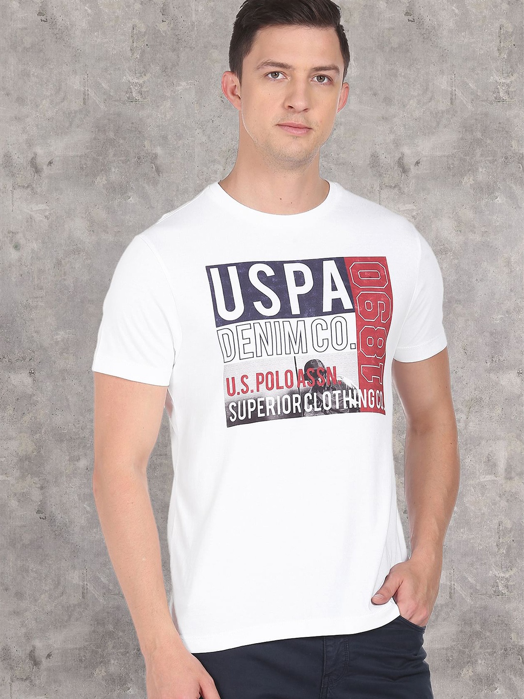 

U S Polo Assn Denim Co Men White Printed Stacked Logo T-Shirt