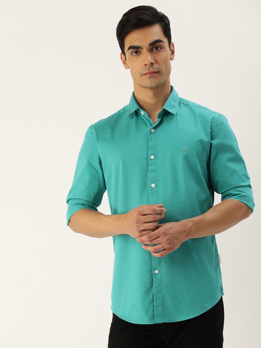 

Peter England Better Jeans Company Men Turquoise Blue Super Slim Fit Pure Cotton Shirt