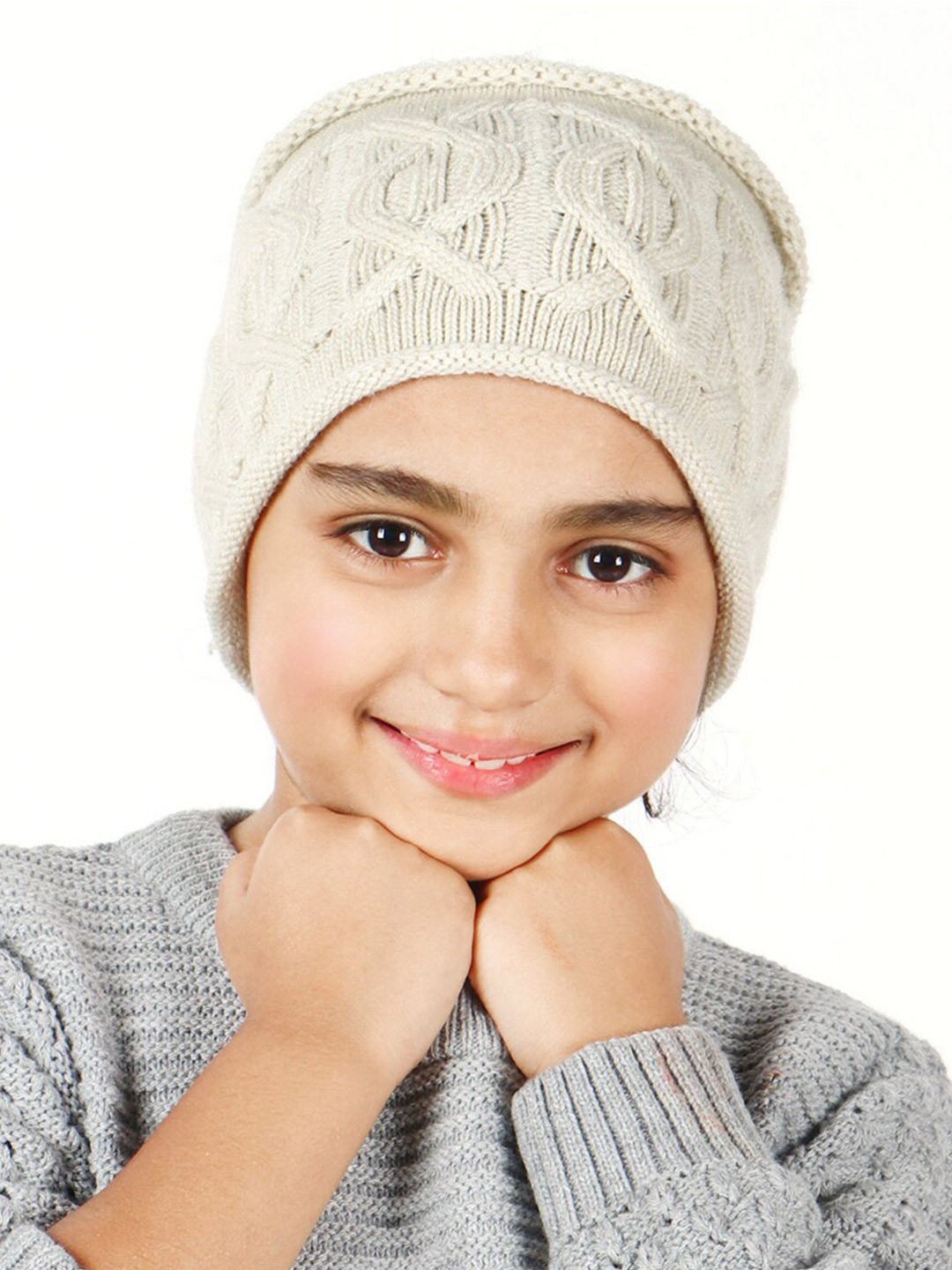 

Bharatasya Unisex Kids White Cable knit Acrylic Beanie With Rolled Edges